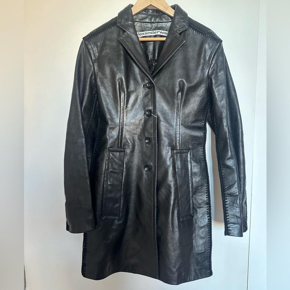 ALEXANDER WANG BLACK LEATHER COAT WITH CROCHET SEAMS NWT